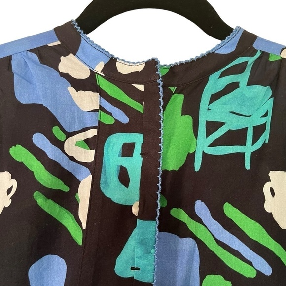 De Loreta Josefa maxi trapeze dress in Arcilla Azul print with balloon sleeves - Picture 2 of 14